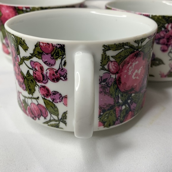 Beautiful vintage set of 6 green, plum & pink Enesco Japan soup mugs with fruits - Picture 8 of 8